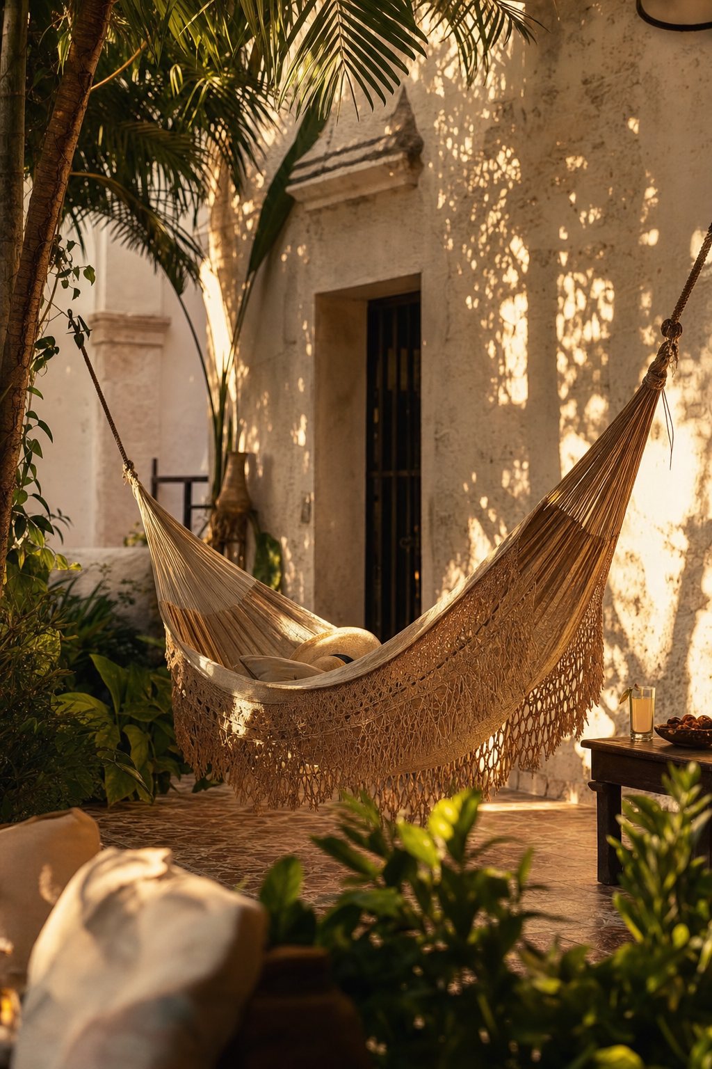 Estancia con hamaca yucateca colgada en un patio de cal con sombras de palma