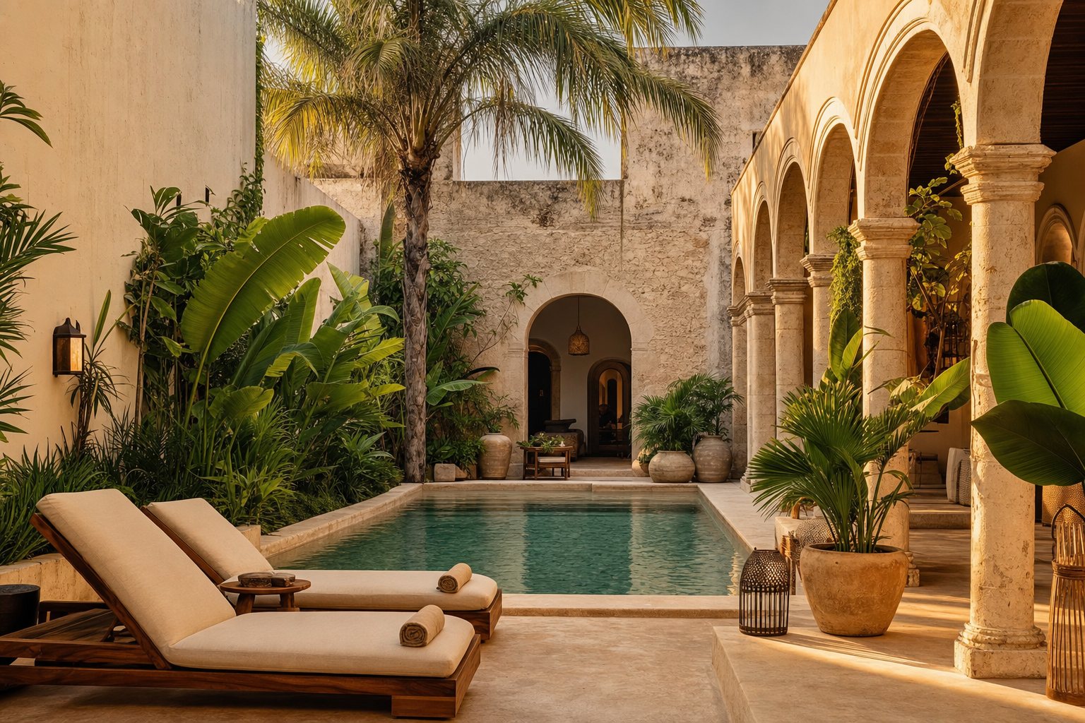 Patio de casona restaurada en Mérida con alberca y muros de cal, a la hora dorada