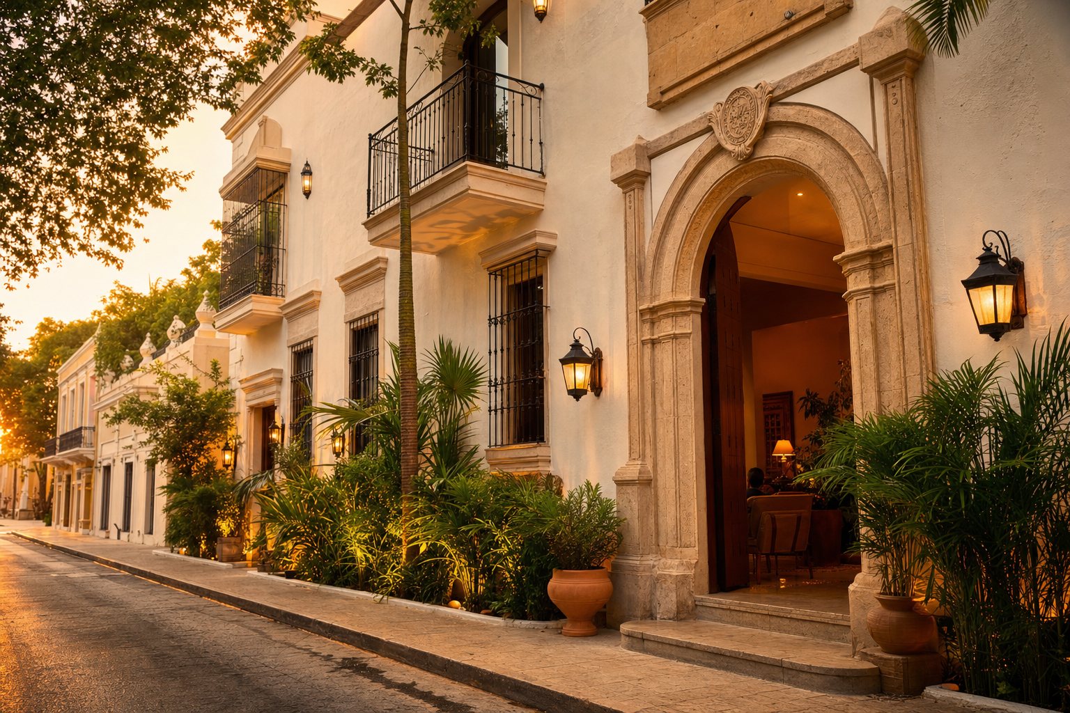 Fachada restaurada del hotel boutique Banana en Mérida, cantera clara y ocre, hora dorada