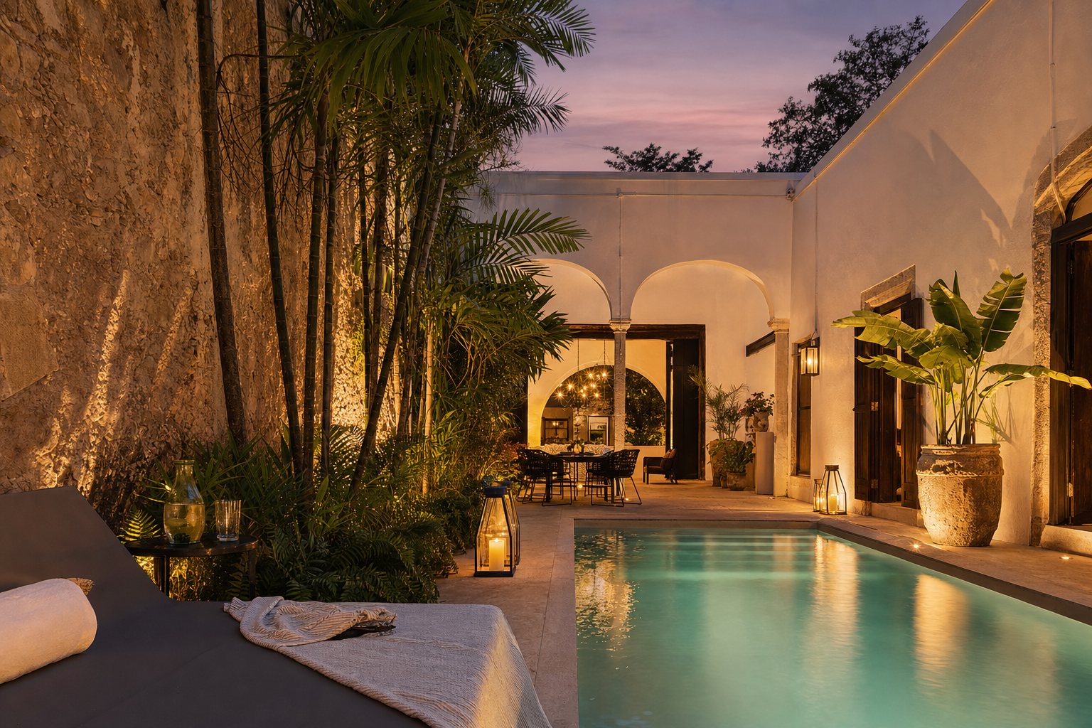 Patio con alberca de una estancia boutique en Mérida al anochecer