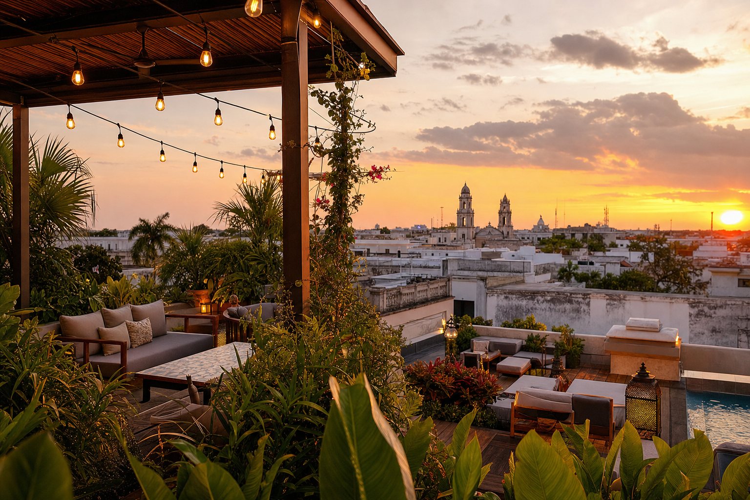 Terraza rooftop del hotel boutique al atardecer, con luces cálidas y vista a los techos de Mérida